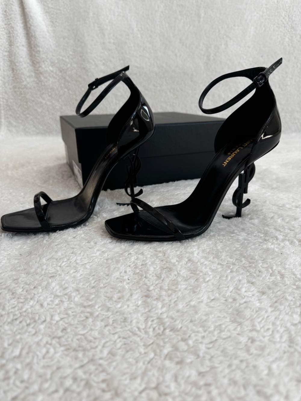 Yves Saint Laurent Black Patent Logo Stiletto Sandals - Picture 3 of 5